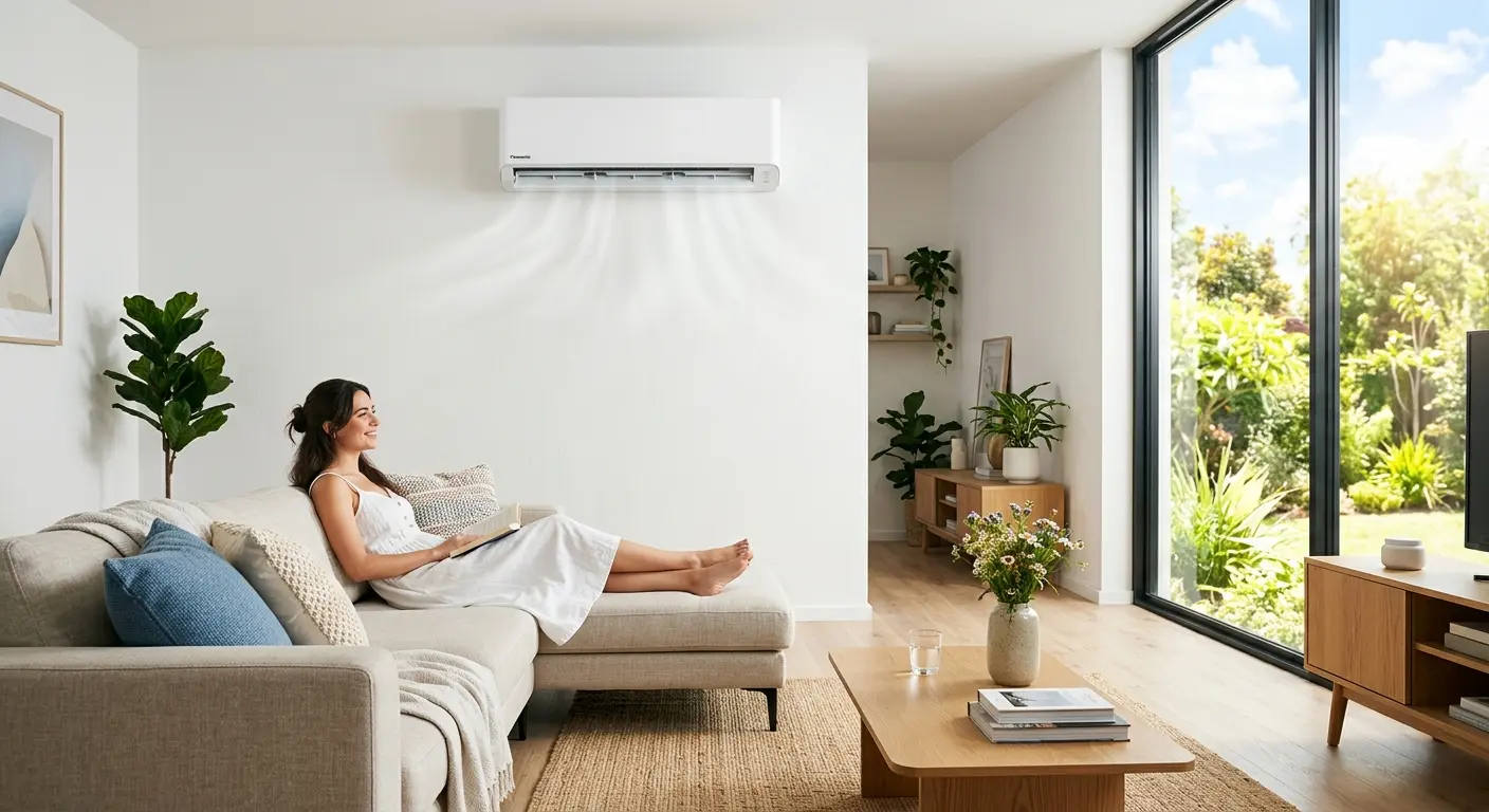 A modern living room with a slim wall-mounted AC unit keeping the room cool on a hot summer day